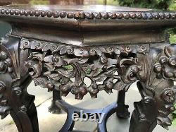 Antique 19CCHINESE CARVED ROSEWOOD & MARBLE LION/FOO DOG TABLE/TABORET/STAND