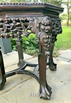 Antique 19CCHINESE CARVED ROSEWOOD & MARBLE LION/FOO DOG TABLE/TABORET/STAND