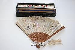 Antique 19c Chinese Bamboo Dragon Phoenix Embroidery Silk Hand Fan Lacquer Boxed