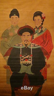 Antique 19c Rare Chinese Watercolor Long Scroll Paintingemperor And His Family