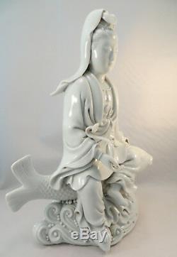 Antique 19th C. Porcelain Chinese Dehua Guanyin & Fish Statue Blanc de Chine 11