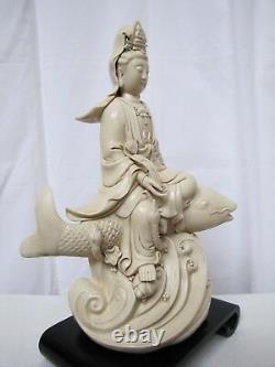 Antique 19th Century Chinese Porcelain Guanyin Riding Fish Statue. With Mark