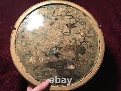 Antique 19th Qi'ing Chinese Canton Embroidered Silk Fan Panel Framed Embroidery