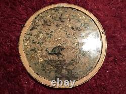 Antique 19th Qi'ing Chinese Canton Embroidered Silk Fan Panel Framed Embroidery