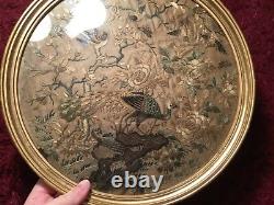 Antique 19th Qi'ing Chinese Canton Embroidered Silk Fan Panel Framed Embroidery