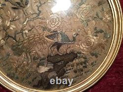Antique 19th Qi'ing Chinese Canton Embroidered Silk Fan Panel Framed Embroidery