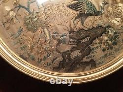 Antique 19th Qi'ing Chinese Canton Embroidered Silk Fan Panel Framed Embroidery