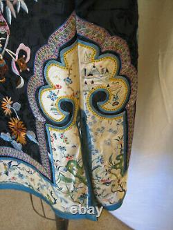 Antique 19th century navy blue Chinese robe with embroidered cuffs & hem