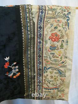 Antique 19th century navy blue Chinese robe with embroidered cuffs & hem