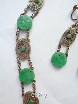 Antique Asian Chinese Carved Green Jade Sterling Silver Necklace + Earrings
