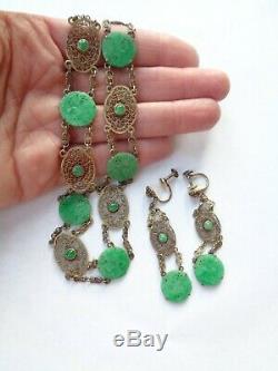 Antique Asian Chinese Carved Green Jade Sterling Silver Necklace + Earrings