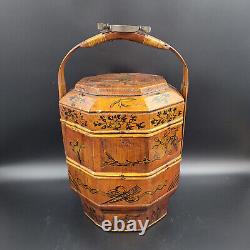 Antique Asian Chinese Laquer & Wood 3 Tier Wedding Basket