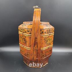 Antique Asian Chinese Laquer & Wood 3 Tier Wedding Basket
