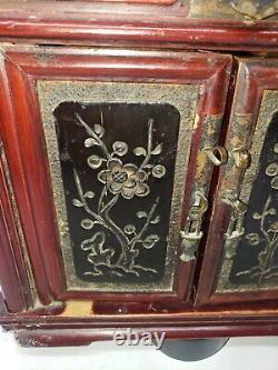 Antique Asian Chinese Wood Brass Jewelry Box Cabinet