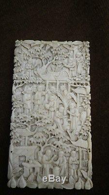Antique Cantonese Hand Carved Oriental Chinese Card Case Rural Figure Scenes