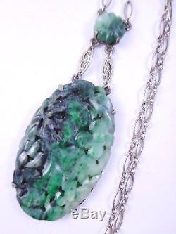 Antique Carved Chinese JADEITE Jade Pendant Sterling Silver Necklace Art Deco