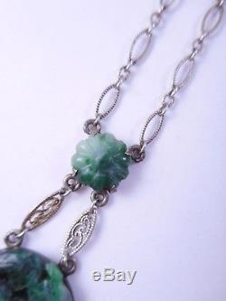 Antique Carved Chinese JADEITE Jade Pendant Sterling Silver Necklace Art Deco