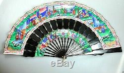 Antique China Chinese Handfan Brise Fan Mandarin Qing Gold 1000 Faces Lacquer