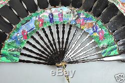 Antique China Chinese Handfan Brise Fan Mandarin Qing Gold 1000 Faces Lacquer