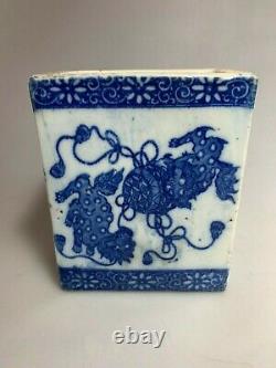 Antique China Chinese Qing Blue White Porcelain Foo Dog Opium Pillow Vase 19th C