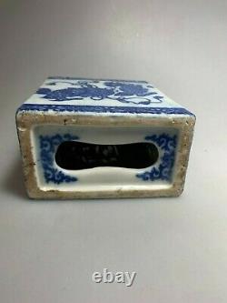 Antique China Chinese Qing Blue White Porcelain Foo Dog Opium Pillow Vase 19th C