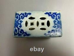 Antique China Chinese Qing Blue White Porcelain Foo Dog Opium Pillow Vase 19th C