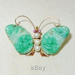 Antique Chinese 14K Gold Butterfly Brooch with Pearls & Green JADEITE Jade (10.4g)