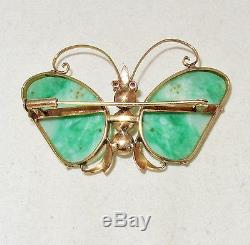 Antique Chinese 14K Gold Butterfly Brooch with Pearls & Green JADEITE Jade (10.4g)