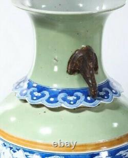 Antique Chinese 19th Celadon Blue White Porcelain Vase 20.5 Tall