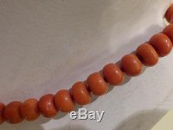 Antique Chinese 60 Grams Natural Coral Salmon Beads Necklace with 14k Gold Clasp