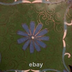 Antique Chinese 8 Cloisonne Bowl Green withFloral Design Low Profile MINT