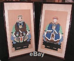 Antique Chinese Ancestor Man & Woman Framed Handpainted Portraits on Silk