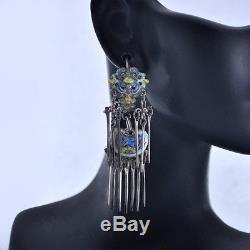 Antique Chinese Art Nouveau Vermeil Enamel Silver Dangle Earrings 2 1/4 Long