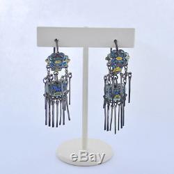 Antique Chinese Art Nouveau Vermeil Enamel Silver Dangle Earrings 2 1/4 Long