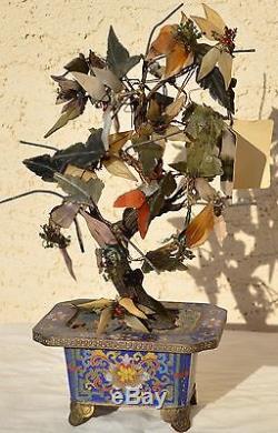 Antique Chinese Asian Oriental Carved Jade Leaf Flower Tree with Cloisonne Planter