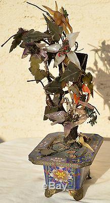 Antique Chinese Asian Oriental Carved Jade Leaf Flower Tree with Cloisonne Planter