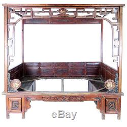 Antique Chinese Asian Wedding Opium Canopy Bed, Carved Panels Full Size