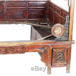 Antique Chinese Asian Wedding Opium Canopy Bed, Carved Panels Full Size