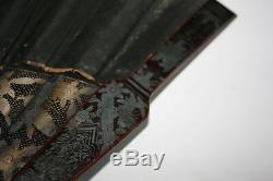 Antique Chinese Bamboo Lacquered Gilt Flower Painting Paper Hand Fan