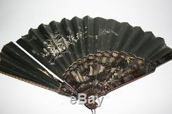 Antique Chinese Bamboo Lacquered Gilt Flower Painting Paper Hand Fan