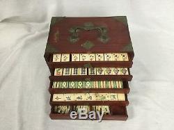 Antique Chinese Bone & Bamboo Mahjong Set Wood Carry Case, 148 Tiles 117 Sticks