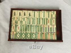 Antique Chinese Bone & Bamboo Mahjong Set Wood Carry Case, 148 Tiles 117 Sticks