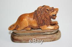 Antique Chinese Boving Bone Carved Lion Figure Statue on Wooden Carved Stand