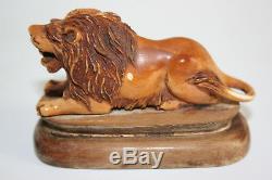 Antique Chinese Boving Bone Carved Lion Figure Statue on Wooden Carved Stand