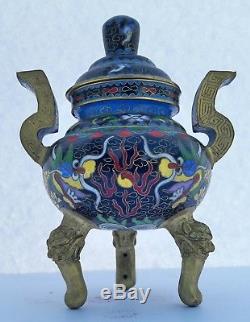 Antique Chinese Brass Cloisonné Censer Pot With Lid Dragon Motif