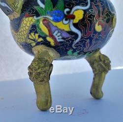 Antique Chinese Brass Cloisonné Censer Pot With Lid Dragon Motif