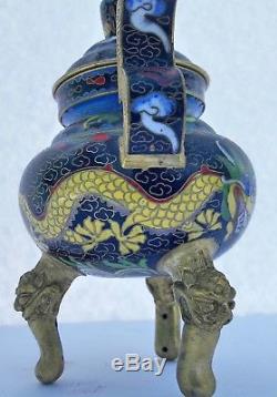 Antique Chinese Brass Cloisonné Censer Pot With Lid Dragon Motif