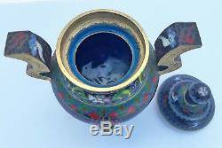 Antique Chinese Brass Cloisonné Censer Pot With Lid Dragon Motif