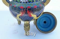 Antique Chinese Brass Cloisonné Censer Pot With Lid Dragon Motif