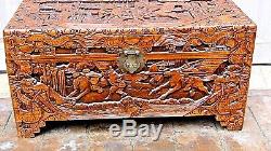 Antique Chinese Camphor Wood Carved Dragons & Battle Scene Blanket Chest 29.5l